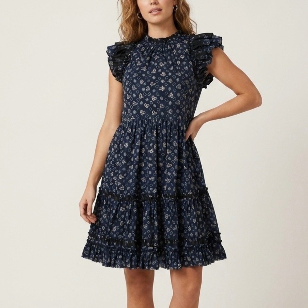 Ulla Johnson Joan Mini Dress Ultramarine Navy Floral Print Ruffle Tiered Size 4